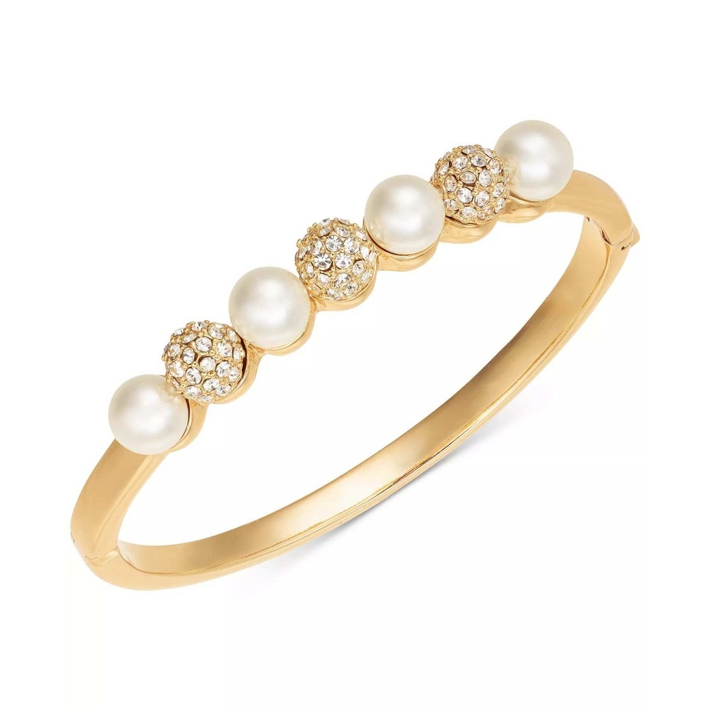 Charter Club Bangle Bracelet Gold NWT Pearl Pavé Crystal Hinged Bridal Glam Gift